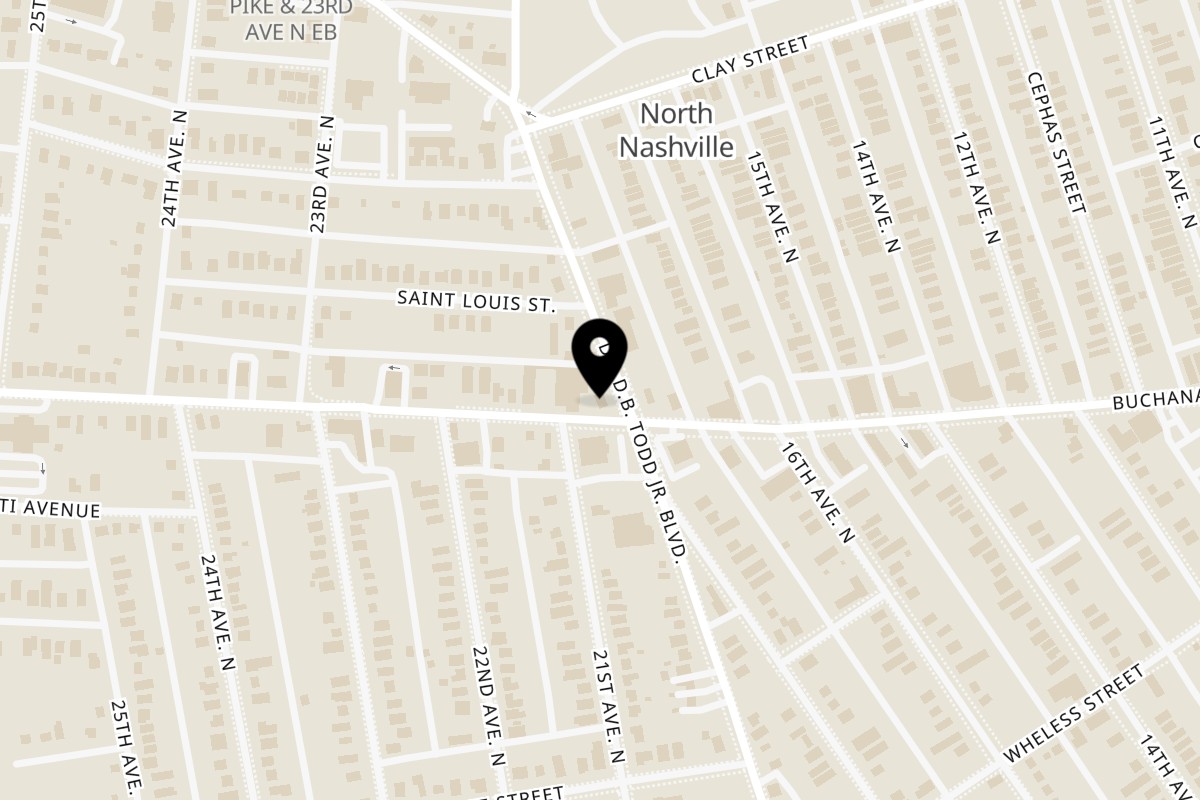 Map showing the location of Ed's Fish House on 1801 Dr DB Todd Jr Blvd in Nashville